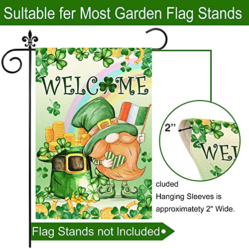 St Patricks Day Garden Flag, St Patricks Day Flag 12x18 Double Sided, St. Patrick's Day Burlap Yard Flag with Gnomes Leprechaun Shamrock Irish Clover Welcome Vertical Signs for Outdoor Decorations