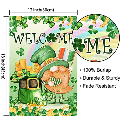 St Patricks Day Garden Flag, St Patricks Day Flag 12x18 Double Sided, St. Patrick's Day Burlap Yard Flag with Gnomes Leprechaun Shamrock Irish Clover Welcome Vertical Signs for Outdoor Decorations