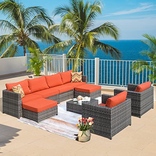 XIZZI Patio Furniture Set Outdoor Sectional Sofa No Assembly 9 PCS Big Size All Weather PE Rattan Wicker Outdoor Conversation with 2 Pillows,Grey Wicker Orange Red