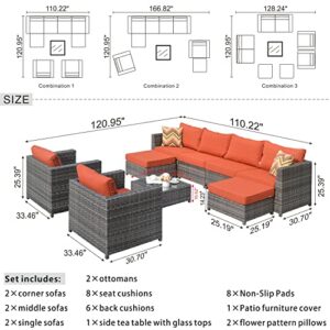 XIZZI Patio Furniture Set Outdoor Sectional Sofa No Assembly 9 PCS Big Size All Weather PE Rattan Wicker Outdoor Conversation with 2 Pillows,Grey Wicker Orange Red