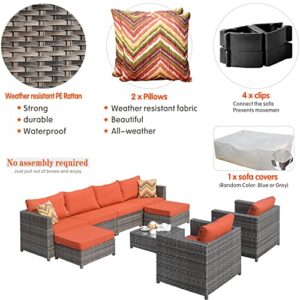 XIZZI Patio Furniture Set Outdoor Sectional Sofa No Assembly 9 PCS Big Size All Weather PE Rattan Wicker Outdoor Conversation with 2 Pillows,Grey Wicker Orange Red