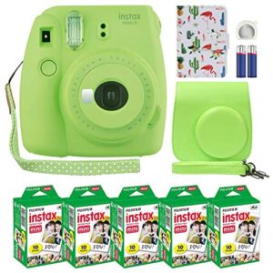fuji instax mini 9 instant camera lime green with custom case + fuji instax film value pack (50 sheets) flamingo designer photo album for photos