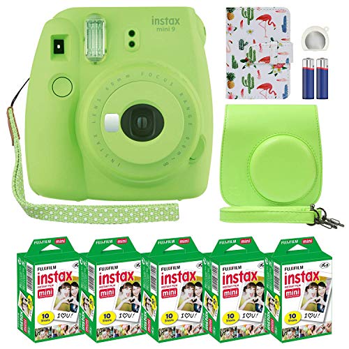 Fuji Instax Mini 9 Instant Camera Lime Green with Custom Case + Fuji Instax Film Value Pack (50 Sheets) Flamingo Designer Photo Album for Photos