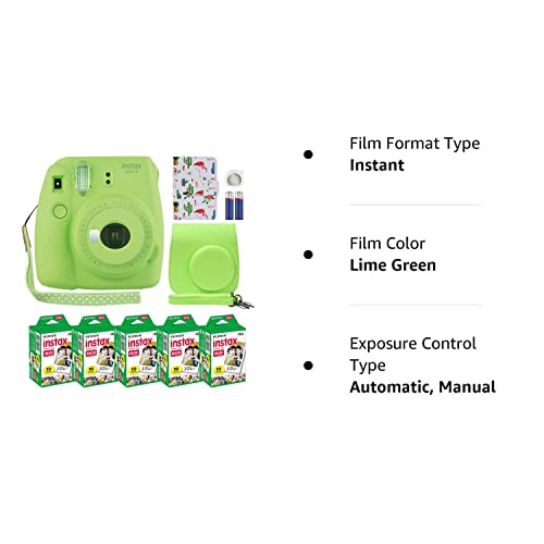 Fuji Instax Mini 9 Instant Camera Lime Green with Custom Case + Fuji Instax Film Value Pack (50 Sheets) Flamingo Designer Photo Album for Photos