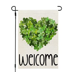 CROWNED BEAUTY St Patricks Day Garden Flag 12x18 Inch Double Sided for Outside Small Burlap Green Shamrocks Clovers Heart Welcome Yard Holiday Decoration CF735-12