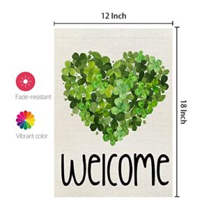 CROWNED BEAUTY St Patricks Day Garden Flag 12x18 Inch Double Sided for Outside Small Burlap Green Shamrocks Clovers Heart Welcome Yard Holiday Decoration CF735-12