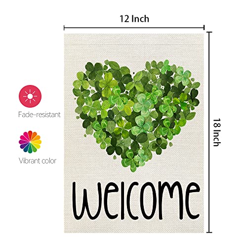 CROWNED BEAUTY St Patricks Day Garden Flag 12x18 Inch Double Sided for Outside Small Burlap Green Shamrocks Clovers Heart Welcome Yard Holiday Decoration CF735-12