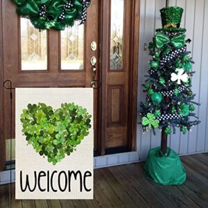 CROWNED BEAUTY St Patricks Day Garden Flag 12x18 Inch Double Sided for Outside Small Burlap Green Shamrocks Clovers Heart Welcome Yard Holiday Decoration CF735-12