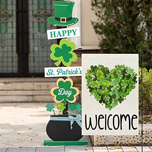 CROWNED BEAUTY St Patricks Day Garden Flag 12x18 Inch Double Sided for Outside Small Burlap Green Shamrocks Clovers Heart Welcome Yard Holiday Decoration CF735-12