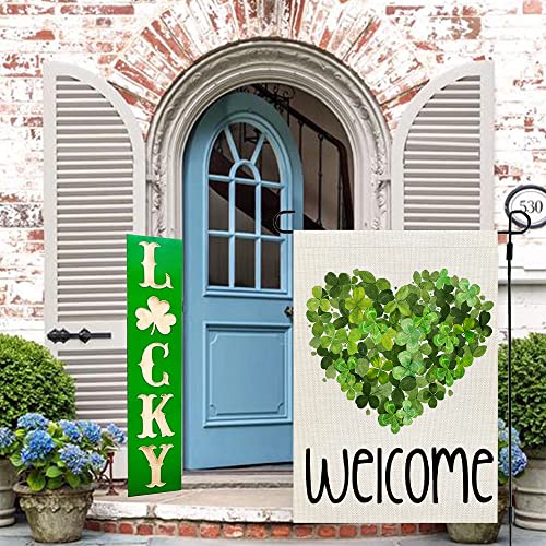 CROWNED BEAUTY St Patricks Day Garden Flag 12x18 Inch Double Sided for Outside Small Burlap Green Shamrocks Clovers Heart Welcome Yard Holiday Decoration CF735-12