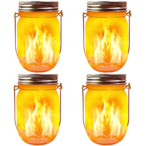 Solar Mason Jar Flicker Lights Upgraded, 4 Pack Flickering Torches Lights Outdoor Hanging Lanterns Landscape Decoration Lighting Dusk to Dawn Auto On/Off Security Halloween Torch Lights