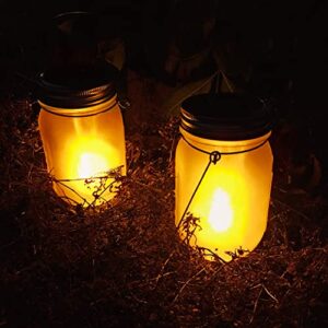 Solar Mason Jar Flicker Lights Upgraded, 4 Pack Flickering Torches Lights Outdoor Hanging Lanterns Landscape Decoration Lighting Dusk to Dawn Auto On/Off Security Halloween Torch Lights