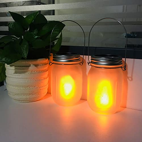 Solar Mason Jar Flicker Lights Upgraded, 4 Pack Flickering Torches Lights Outdoor Hanging Lanterns Landscape Decoration Lighting Dusk to Dawn Auto On/Off Security Halloween Torch Lights