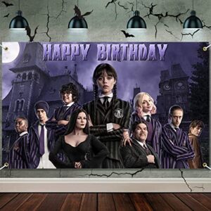 wednesday addams birthday decorations banner,wednesday addams party backdrop photo background wednesday tv party supply favor for birthday party decor nevermore character party banner room decorations