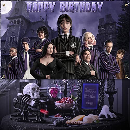 Wednesday Addams Birthday Decorations Banner,Wednesday Addams Party Backdrop Photo Background Wednesday TV Party Supply Favor for Birthday Party Decor Nevermore Character Party Banner Room Decorations