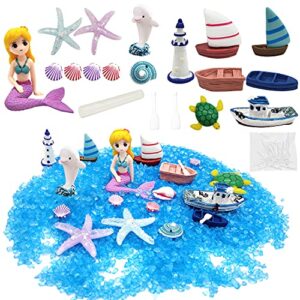 21 pieces fairy garden accessories, blue sand and miniature mermaid dolphin boat steamship figurines decorations, micro beach ocean seaside scene diy decor kit