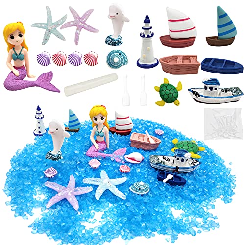 21 Pieces Fairy Garden Accessories, Blue Sand and Miniature Mermaid Dolphin Boat Steamship Figurines Decorations, Micro Beach Ocean Seaside Scene DIY Decor Kit