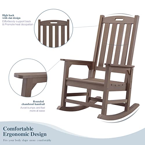 Psilvam Patio Rocking Chair, Poly Lumber Porch Rocker with High Back, 350Lbs Support Rocking Chairs for Both Outdoor and Indoor, Poly Rocker Chair Looks Like Real Wood (Brown)