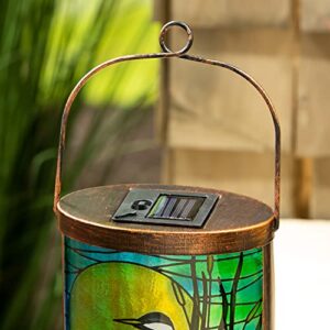 Evergreen Handpainted Solar Glass Lantern, Blue Heron 12 x 8.3 inch for Patio, Lawn and Garden Outdoor Décor