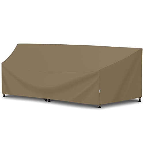 SunPatio Outdoor Curved Sectional Couch Cover, Heavy Duty Waterproof Patio Sofa Cover, All Weather Protection Patio Furniture Cover, Air Vent & Straps, 150"(back)/112"(front)L x 36"W x 38"/24"H, Taupe