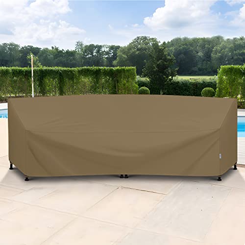 SunPatio Outdoor Curved Sectional Couch Cover, Heavy Duty Waterproof Patio Sofa Cover, All Weather Protection Patio Furniture Cover, Air Vent & Straps, 150"(back)/112"(front)L x 36"W x 38"/24"H, Taupe