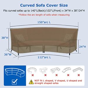 SunPatio Outdoor Curved Sectional Couch Cover, Heavy Duty Waterproof Patio Sofa Cover, All Weather Protection Patio Furniture Cover, Air Vent & Straps, 150"(back)/112"(front)L x 36"W x 38"/24"H, Taupe