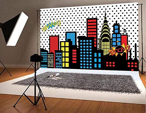 Art Studio 8x6ft Superhero Super City Photography Backdrops Skyline Buildings City Boom Photo Background Children Birthday Party Banner Photo Studio Booth Cake Table Decor