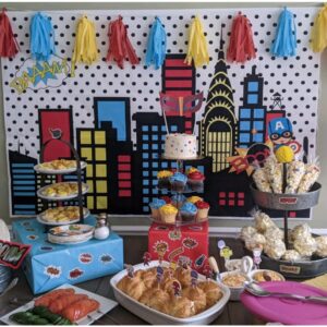 Art Studio 8x6ft Superhero Super City Photography Backdrops Skyline Buildings City Boom Photo Background Children Birthday Party Banner Photo Studio Booth Cake Table Decor