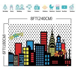 Art Studio 8x6ft Superhero Super City Photography Backdrops Skyline Buildings City Boom Photo Background Children Birthday Party Banner Photo Studio Booth Cake Table Decor