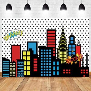 Art Studio 8x6ft Superhero Super City Photography Backdrops Skyline Buildings City Boom Photo Background Children Birthday Party Banner Photo Studio Booth Cake Table Decor