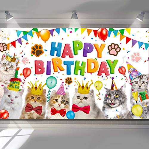 Cat Happy Birthday Backdrop Kitten Photography Background Pet Paw Cat Theme Party Photo Backdrop Birthday Party Decorations for Cat Owner Children Kids Cake Table Decorations