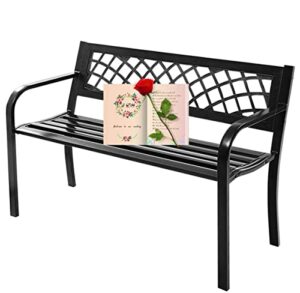 patio bench park bench outdoor bench garden bench, metal pack bench with armrests 480lbs cast iron sturdy steel frame furniture chair for porch entryway lawn decor deck