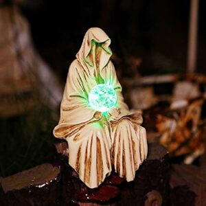 solar outdoor lights waterproof, garden wizard statue, resin wizard figurine with colorful solar led lights, outdoor summer decorations for patio yard lawn, gardening gifts, ornament (beige white)