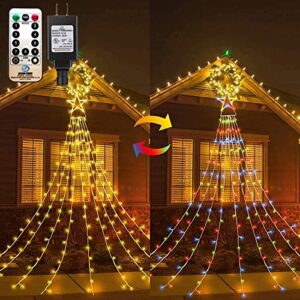 outdoor christmas lights star curtain lights christmas tree string lights plug in 335 led with topper star waterfall hanging lights warm white & multi-color changing for xmas gazebo garden yard decor