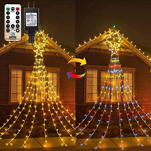 Outdoor Christmas Lights Star Curtain Lights Christmas Tree String Lights Plug in 335 LED with Topper Star Waterfall Hanging Lights Warm White & Multi-Color Changing for Xmas Gazebo Garden Yard Decor