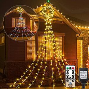 Outdoor Christmas Lights Star Curtain Lights Christmas Tree String Lights Plug in 335 LED with Topper Star Waterfall Hanging Lights Warm White & Multi-Color Changing for Xmas Gazebo Garden Yard Decor