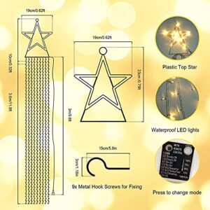 Outdoor Christmas Lights Star Curtain Lights Christmas Tree String Lights Plug in 335 LED with Topper Star Waterfall Hanging Lights Warm White & Multi-Color Changing for Xmas Gazebo Garden Yard Decor