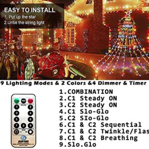 Outdoor Christmas Lights Star Curtain Lights Christmas Tree String Lights Plug in 335 LED with Topper Star Waterfall Hanging Lights Warm White & Multi-Color Changing for Xmas Gazebo Garden Yard Decor