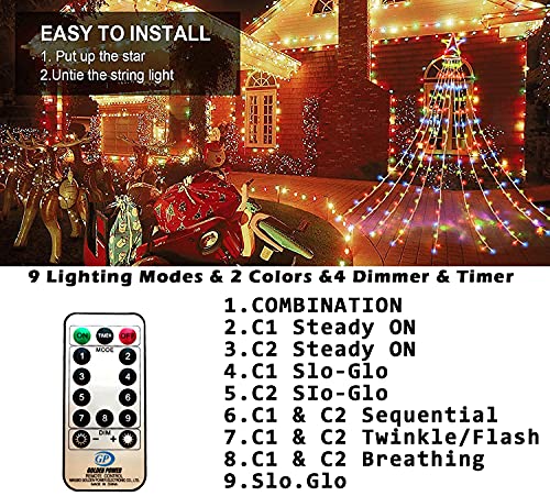 Outdoor Christmas Lights Star Curtain Lights Christmas Tree String Lights Plug in 335 LED with Topper Star Waterfall Hanging Lights Warm White & Multi-Color Changing for Xmas Gazebo Garden Yard Decor