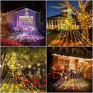 Outdoor Christmas Lights Star Curtain Lights Christmas Tree String Lights Plug in 335 LED with Topper Star Waterfall Hanging Lights Warm White & Multi-Color Changing for Xmas Gazebo Garden Yard Decor