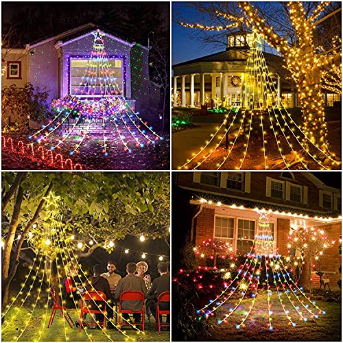 Outdoor Christmas Lights Star Curtain Lights Christmas Tree String Lights Plug in 335 LED with Topper Star Waterfall Hanging Lights Warm White & Multi-Color Changing for Xmas Gazebo Garden Yard Decor