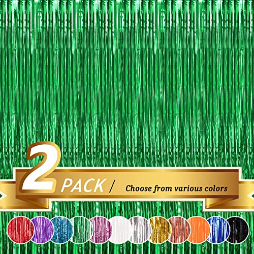 BTSD-home Green Foil Fringe Curtain, Metallic Photo Booth Backdrop Tinsel Door Curtains for Wedding Birthday Bridal Shower Baby Shower Bachelorette Christmas Party Decorations(2 Pack, 6ft x 8ft)