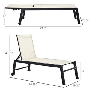 Outsunny Outdoor Chaise Lounge with Wheels, Five Position Recliner for Suntanning, Sunbathing, Steel Frame, Breathable Fabric for Beach Yard, Patio, Cream White