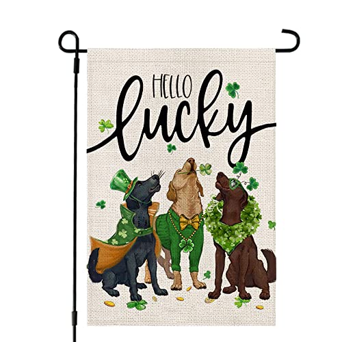 CROWNED BEAUTY St Patricks Day Dogs Garden Flag 12x18 Inch Double Sided for Outside Small Burlap Green Shamrock Hello Lucky Yard Holiday Decoration CF739-12