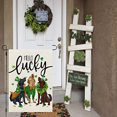 CROWNED BEAUTY St Patricks Day Dogs Garden Flag 12x18 Inch Double Sided for Outside Small Burlap Green Shamrock Hello Lucky Yard Holiday Decoration CF739-12