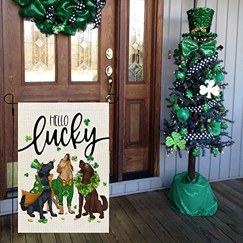 CROWNED BEAUTY St Patricks Day Dogs Garden Flag 12x18 Inch Double Sided for Outside Small Burlap Green Shamrock Hello Lucky Yard Holiday Decoration CF739-12