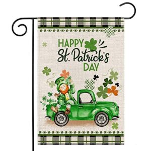 ekorest happy st patrick’s day garden flag 12×18 inch vertical double sided buffalo plaid st. patricks truck with leprechaun shamrock small yard flag for outdoor farmhouse holiday decoration
