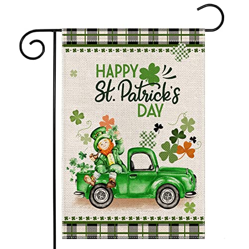 EKOREST Happy St Patrick's Day Garden Flag 12x18 Inch Vertical Double Sided Buffalo Plaid St. Patricks Truck with Leprechaun Shamrock Small Yard Flag for Outdoor Farmhouse Holiday Decoration