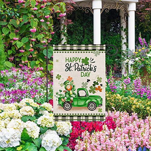 EKOREST Happy St Patrick's Day Garden Flag 12x18 Inch Vertical Double Sided Buffalo Plaid St. Patricks Truck with Leprechaun Shamrock Small Yard Flag for Outdoor Farmhouse Holiday Decoration