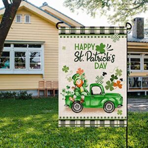 EKOREST Happy St Patrick's Day Garden Flag 12x18 Inch Vertical Double Sided Buffalo Plaid St. Patricks Truck with Leprechaun Shamrock Small Yard Flag for Outdoor Farmhouse Holiday Decoration